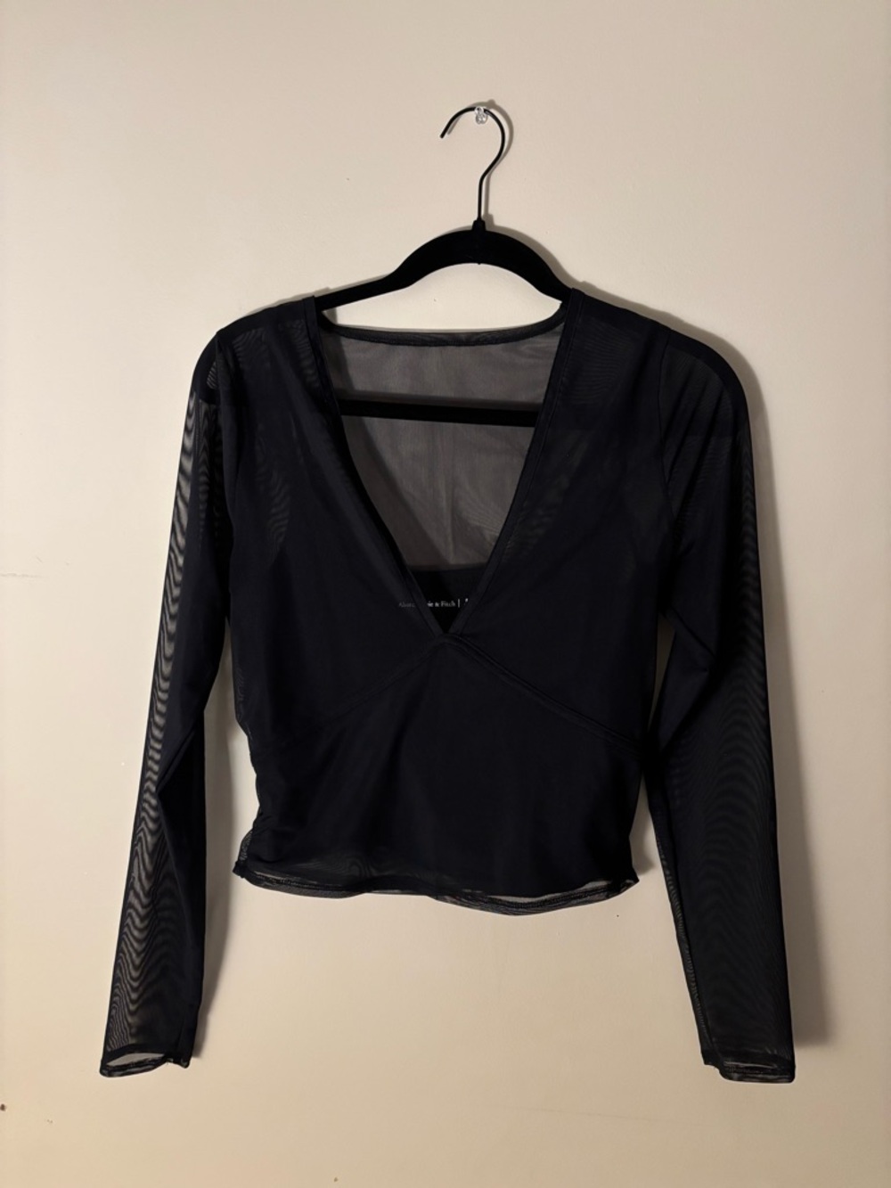 Abercrombie Mesh Sheer Long-Sleeve V-Neck Crop Top built in tank - Black